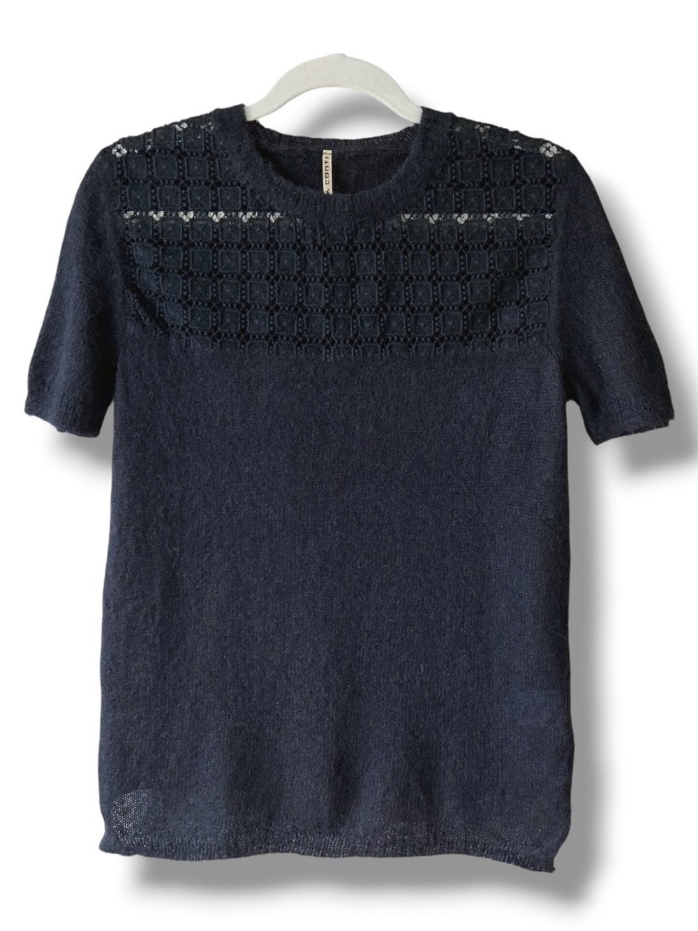 Liviana Conti Mohair Alpaca Blend Lace Yoke Short Sleeve Black Sweater IT48/US10